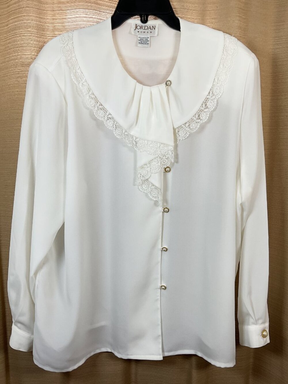 Jordan Womens Size 18W 38 Off-White Pearl Button Up Lace Collar Sheer Blouse VTG
